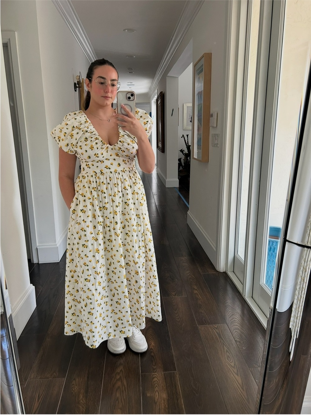 J. Crew White Maxi Dress with Yellow Floral Print and Puff Sleeves